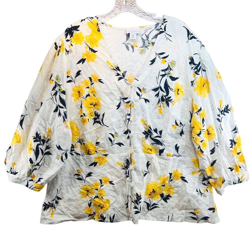 Liz Claiborne White Yellow Floral V-Neck Button Front Blouse 1X NEW With Tag